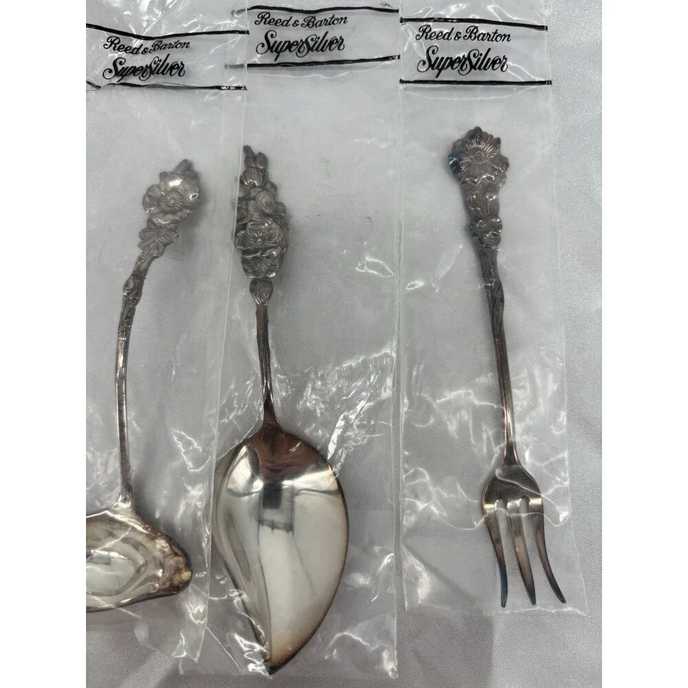 New Reed & Barton Harlequin Rose Silverplate 5 Pc Hostess Serving Set Floral Vtg